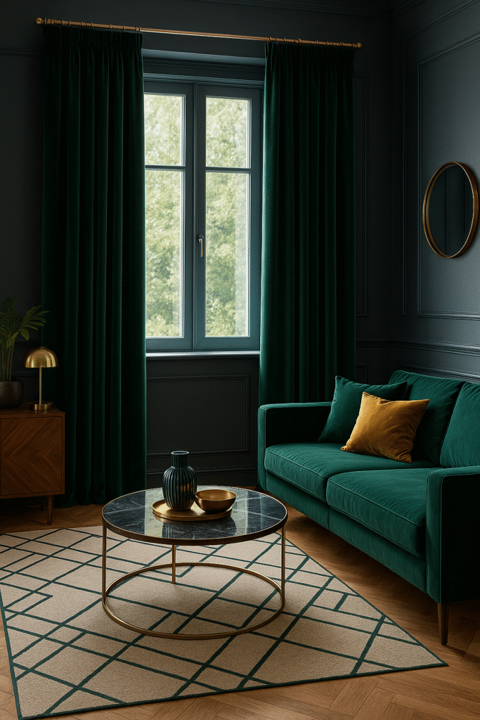 Zielone zasłony welurowe w stylu art déco z mosiężnymi dodatkami i sofą w ciemnym salonie