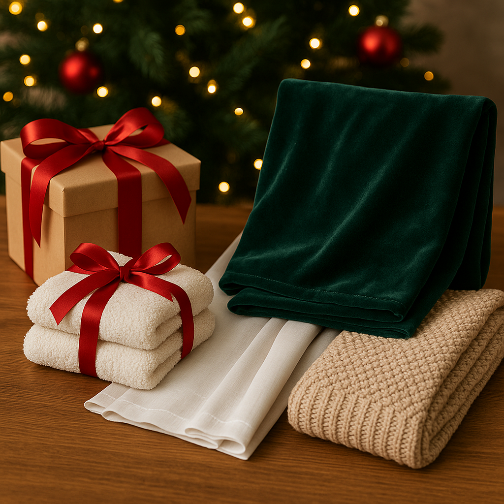 Zestaw prezentowy z tekstyliami: ręczniki, zasłony i koc w świątecznej aranżacji